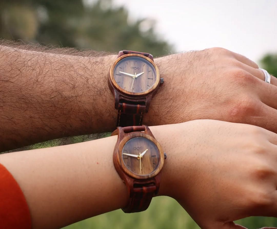 ست ساعت مچی چوبی با بند چرم مدل رایکا