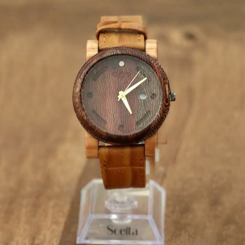 ساعت مچی چوبی با بند چرم مدل شیلر - چوب چنار و گیلاس