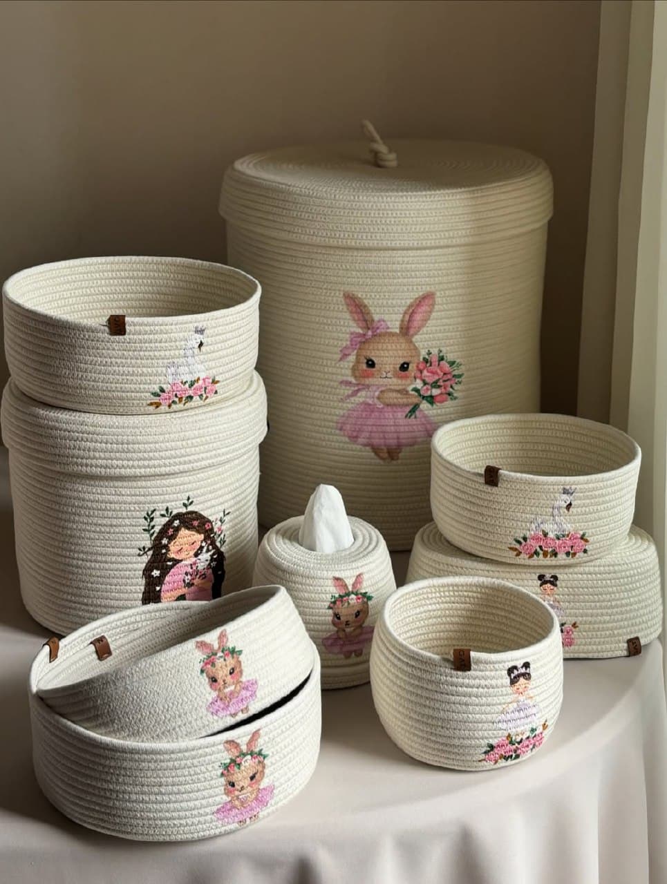 ست سبد نظم دهنده اتاق کودک دست ساز طرح خرگوش و بالرین