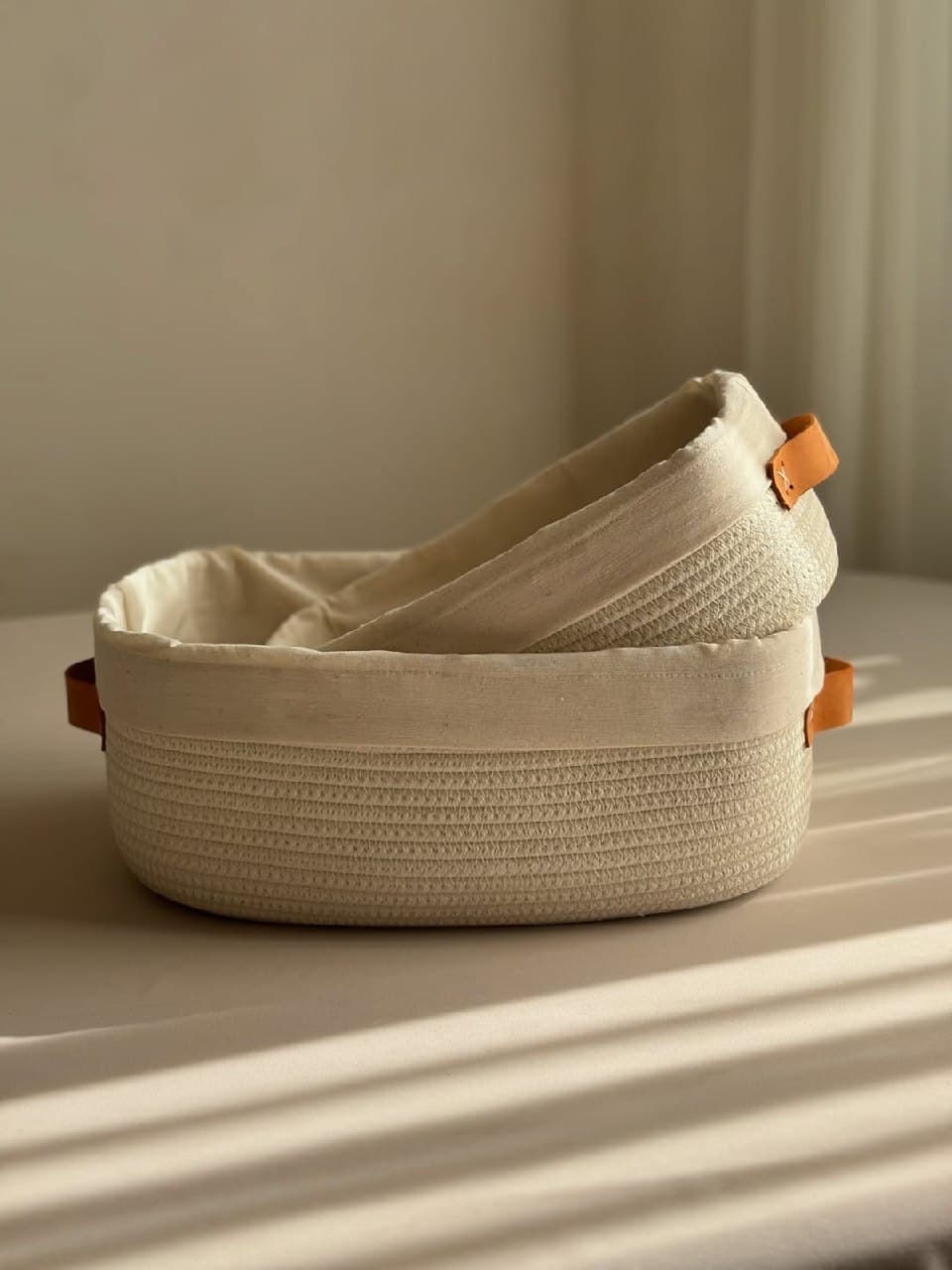 ست دو عددی سبد نظم دهنده کتان مستطیلی با دسته چرم طبیعی