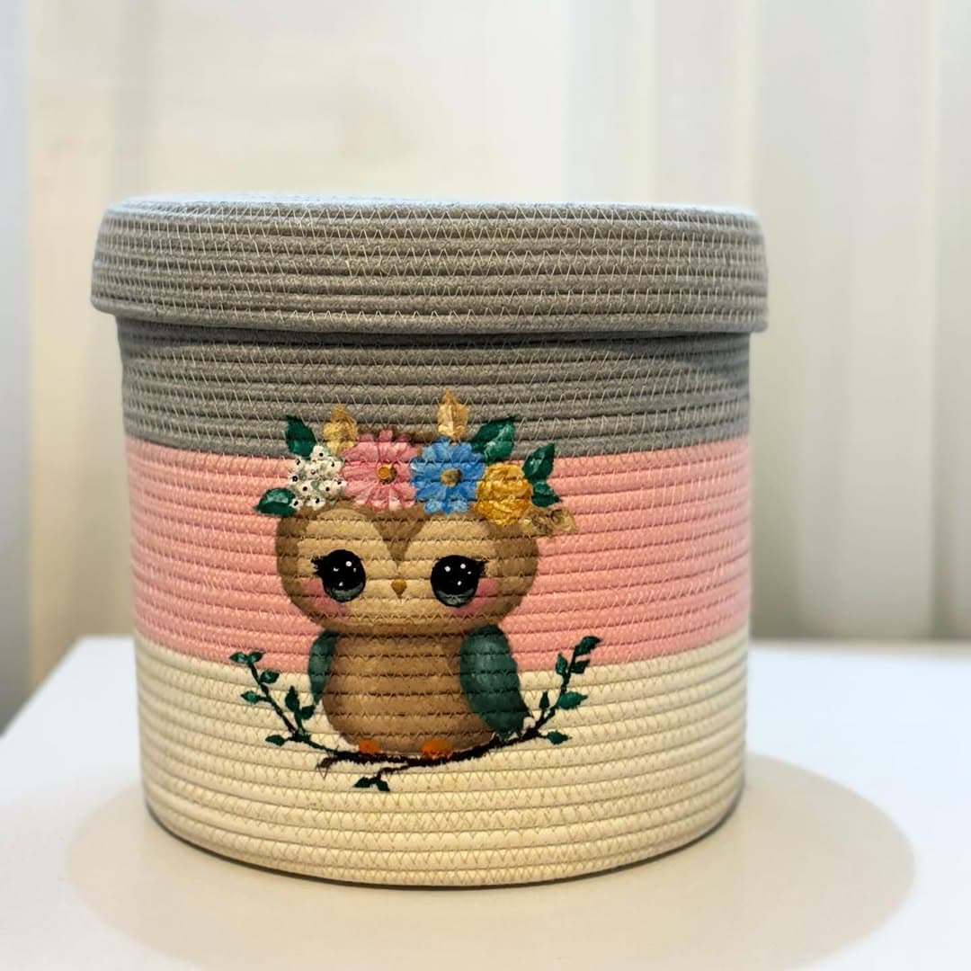 سبد اتاق کودک قیطانی طرح جغد نقاشی دست