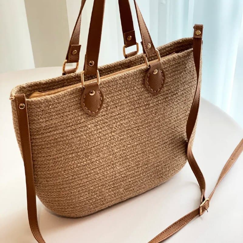 کیف دوشی زنانه کنفی با بند چرمی