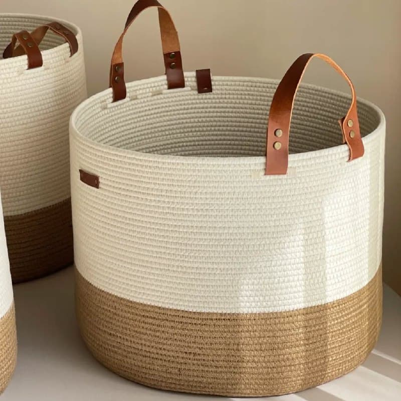 سبد نظم دهنده کنفی دو رنگ با دسته چرم طبیعی