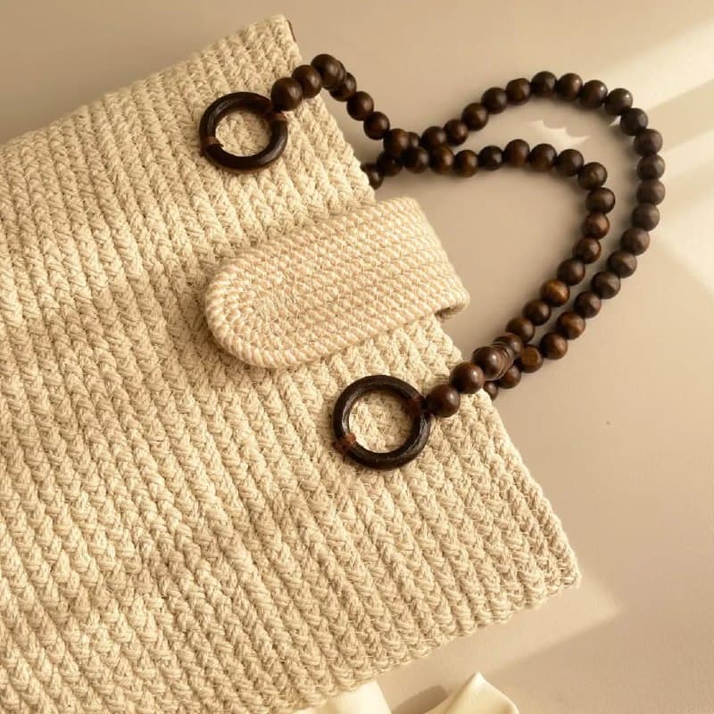 کیف قیطون بافی گیس بافت با دسته چوبی