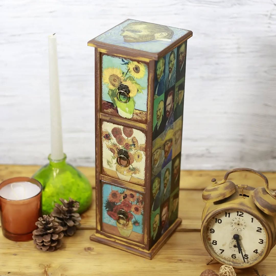 دراور رومیزی چوبی ۳ کشو طرح ونگوگ