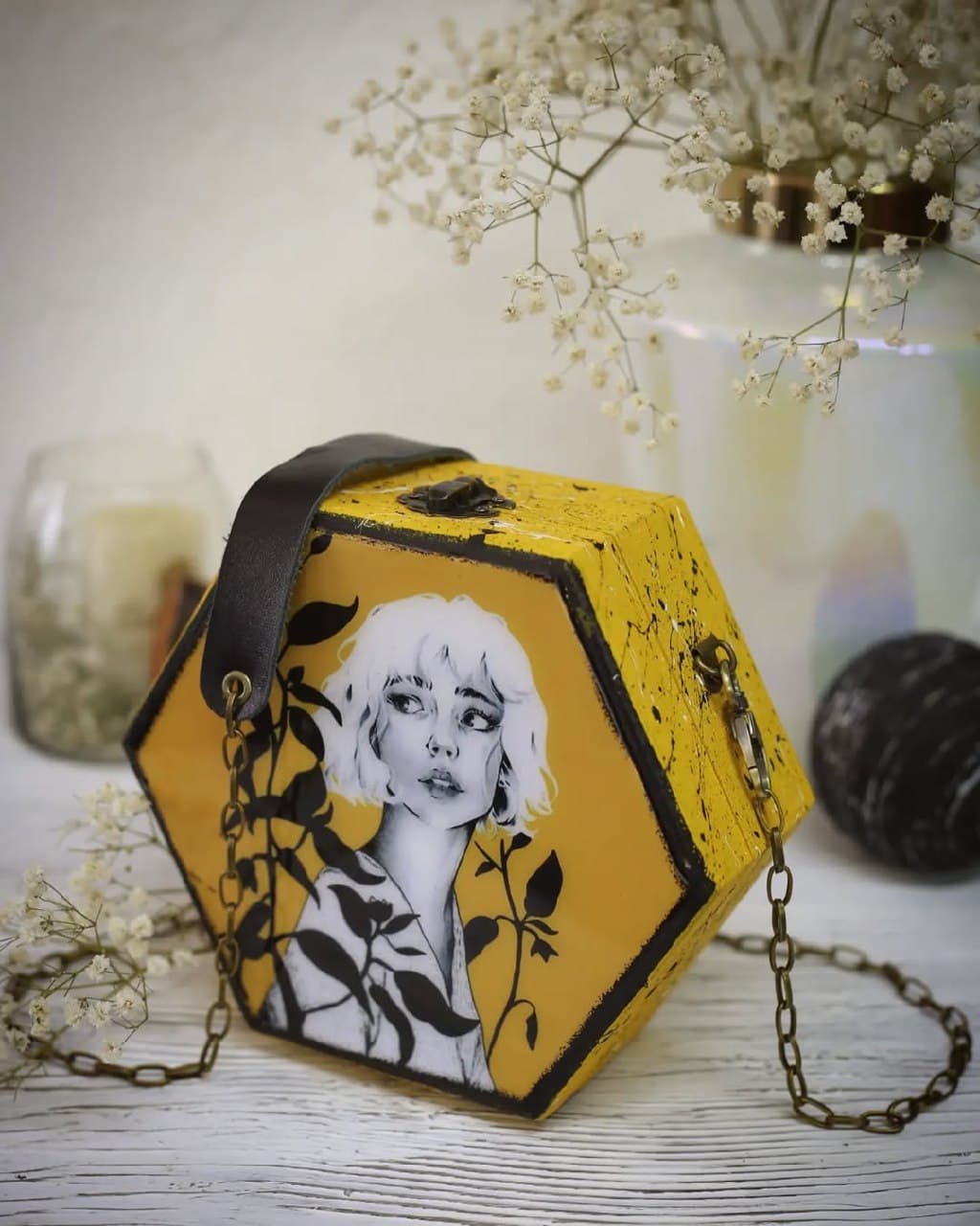 کیف چوبی شش ضلعی دست ساز طرح پرتره