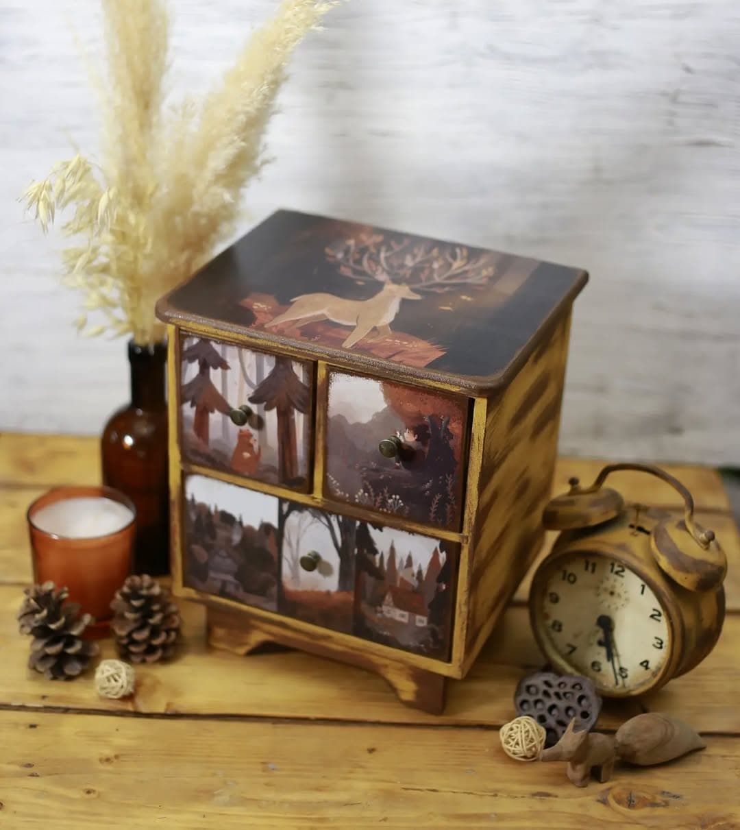 ارگانایزر رومیزی چوبی ۳ کشو طرح گوزن پاییزی