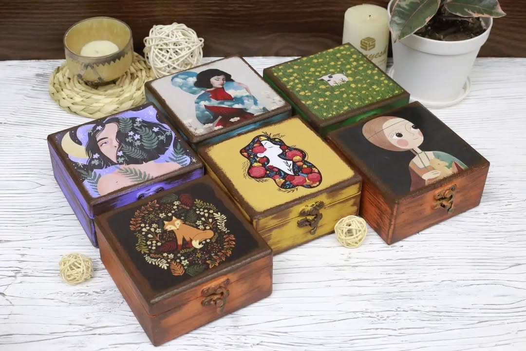 جعبه چوبی هنری دکوپاژ و پتینه شده