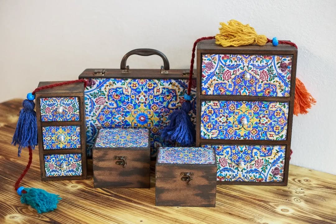 ست جعبه و چمدان چوبی طرح کاشی سنتی