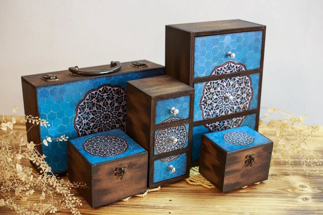 ست جعبه و دراور چوبی دکوری طرح کاشی سنتی