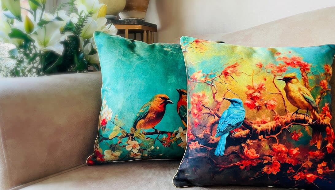 کوسن مخمل طرح پرندگان رنگی