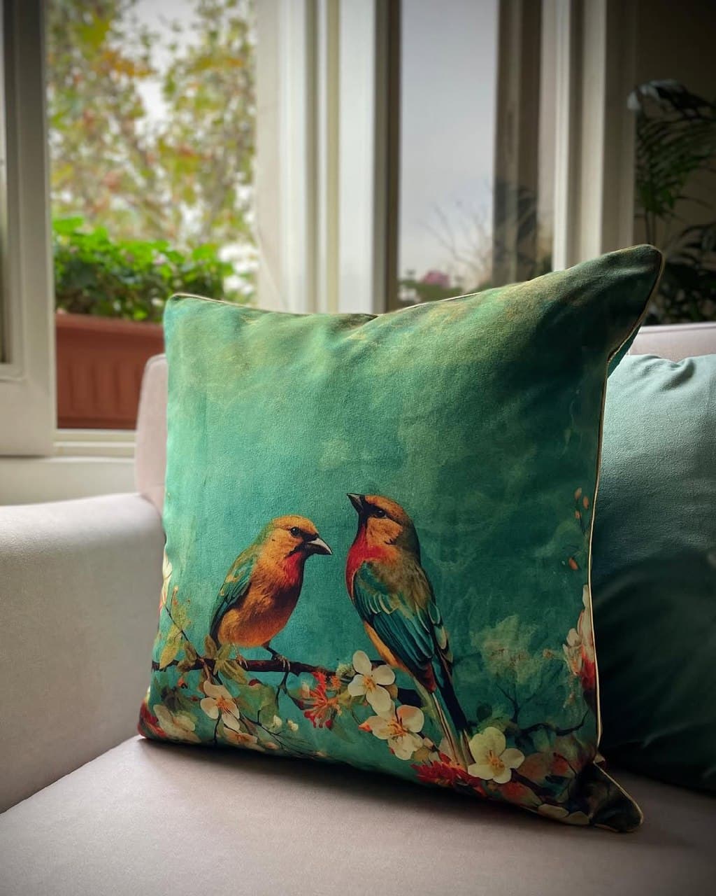 ست کوسن و رانر مخمل طرح پرنده