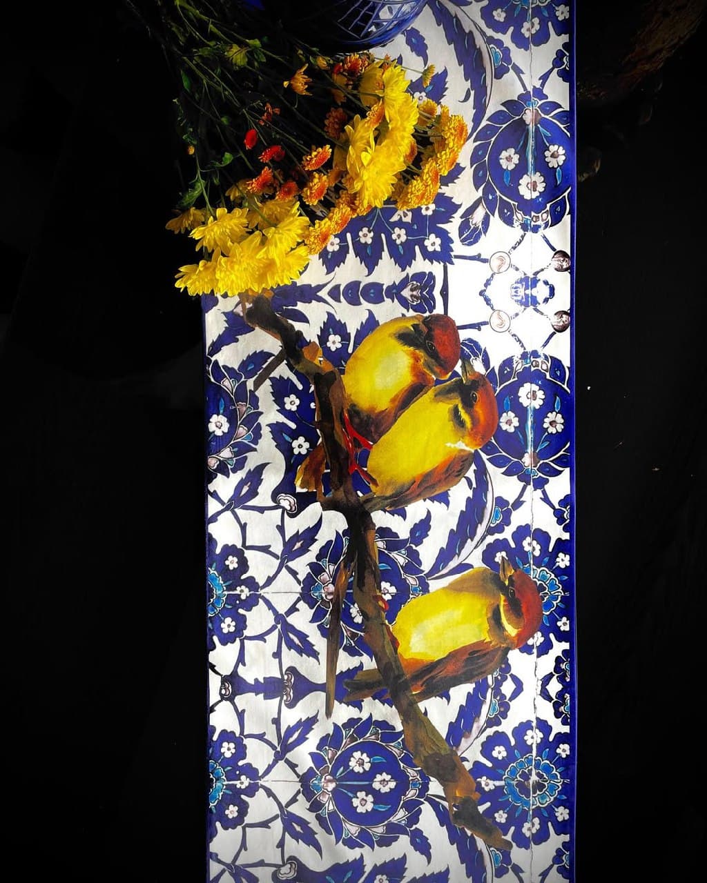 رانر مخمل طرح کاشی و گنجشک