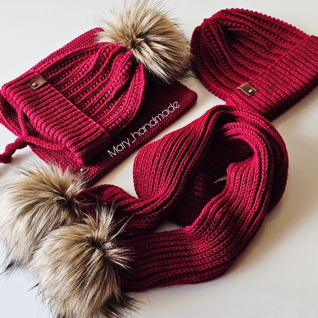 ست شال و کلاه بافتنی دستبافت پوم دار