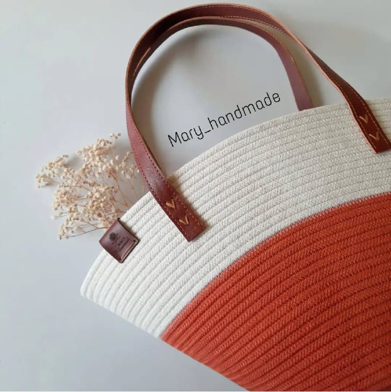 کیف دستباف نخ پنبه با دسته چرم طبیعی