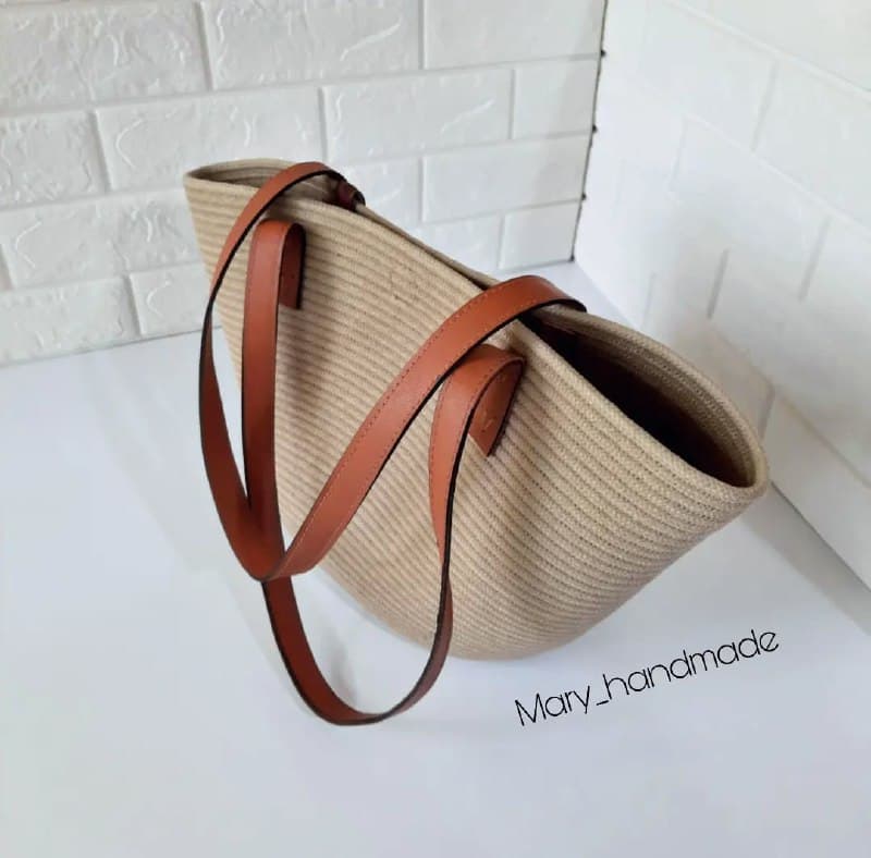 کیف نخ پنبه با دسته چرم طبیعی