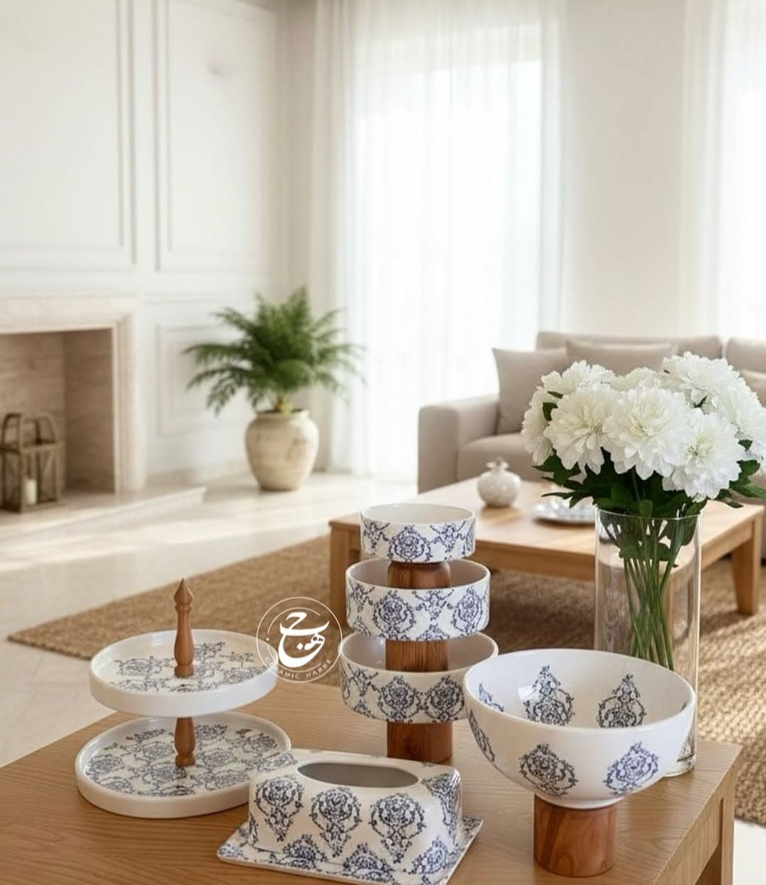 ست ظروف پذیرایی سرامیکی پایه چوبی طرح سنتی