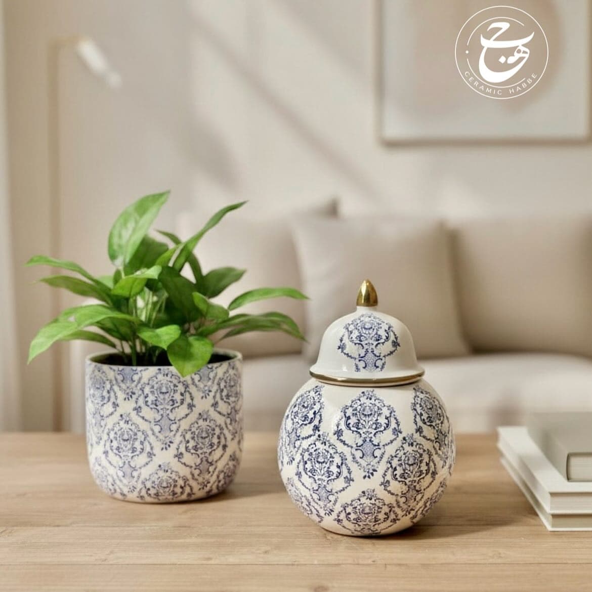 ست کندی و گلدان سرامیکی طرح داماس