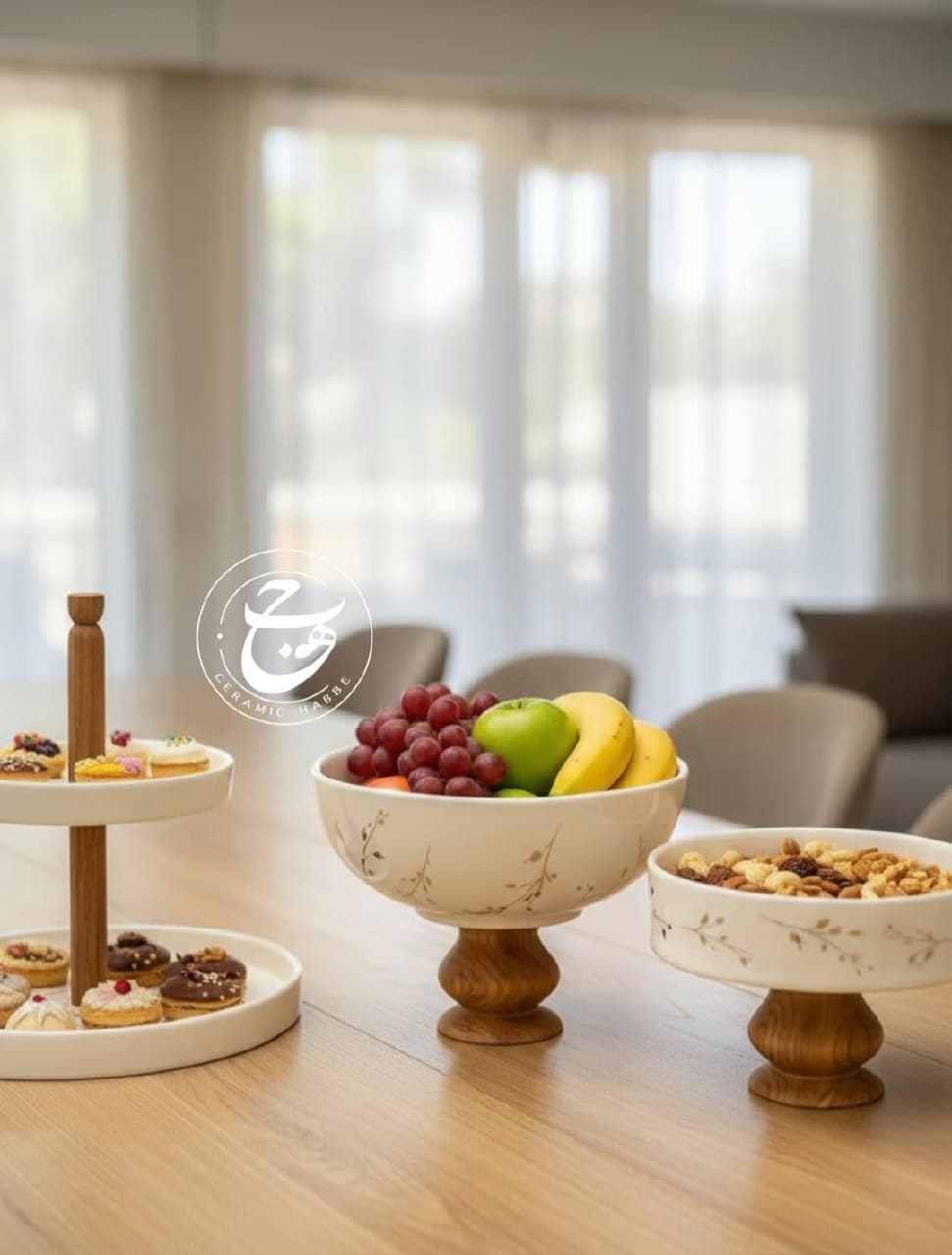 ست ظروف پذیرایی سرامیکی پایه چوبی طرح خوشه طلا