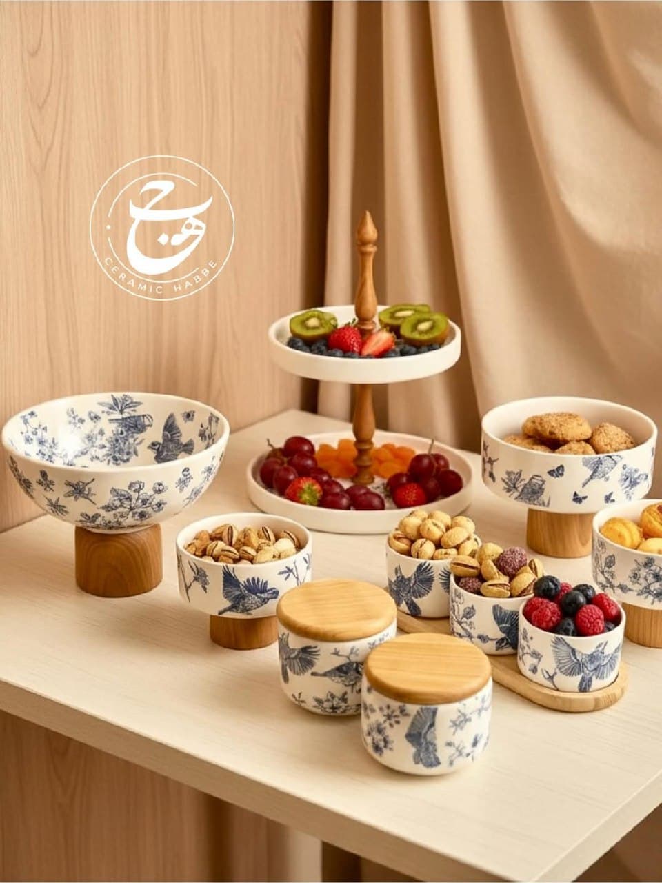 ست پذیرایی سرامیکی طرح پرواز با پایه چوبی