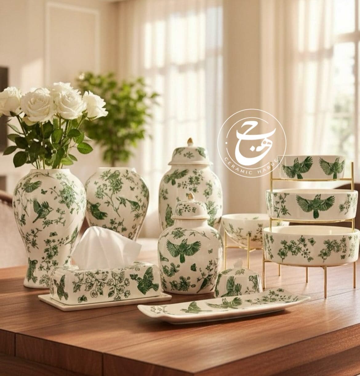 ست ظروف پذیرایی و دکوری سرامیکی دست‌ساز طرح پرواز سبز