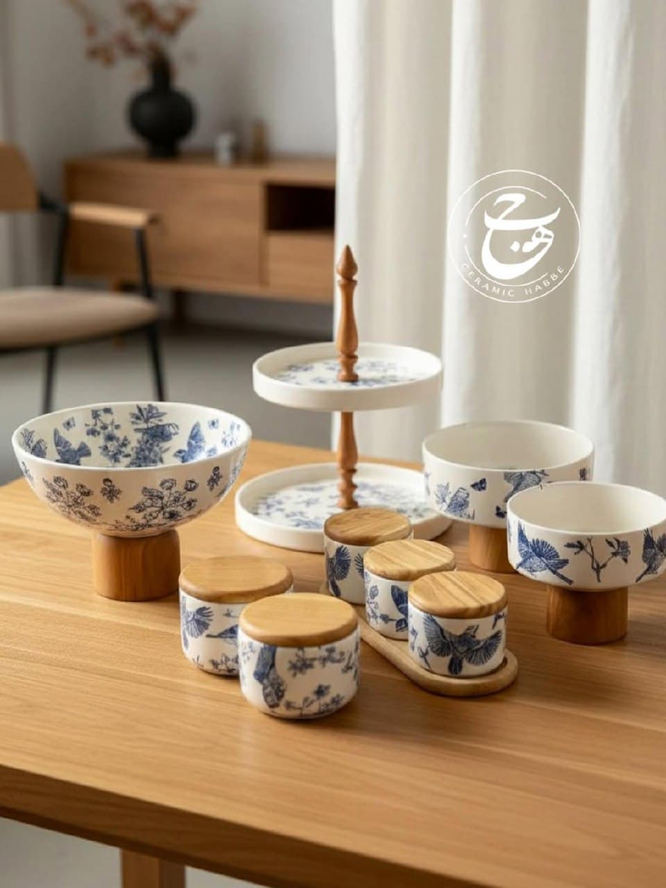 سرویس پذیرایی سرامیکی طرح پرواز با پایه چوبی