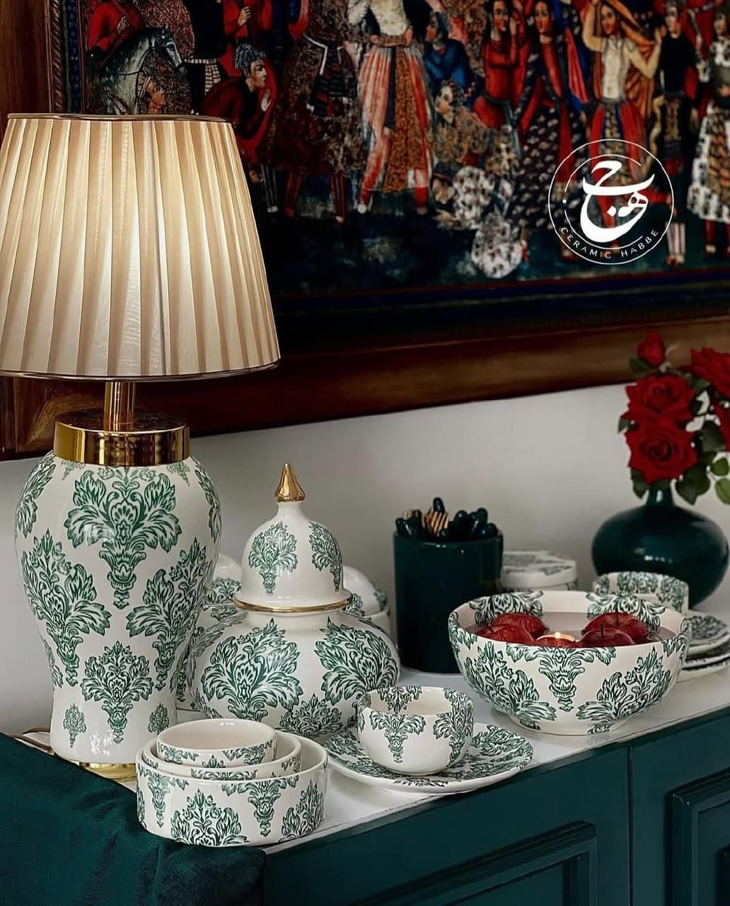 سرویس پذیرایی و دکوری سرامیکی دست ساز مدل شاه صنم سبز