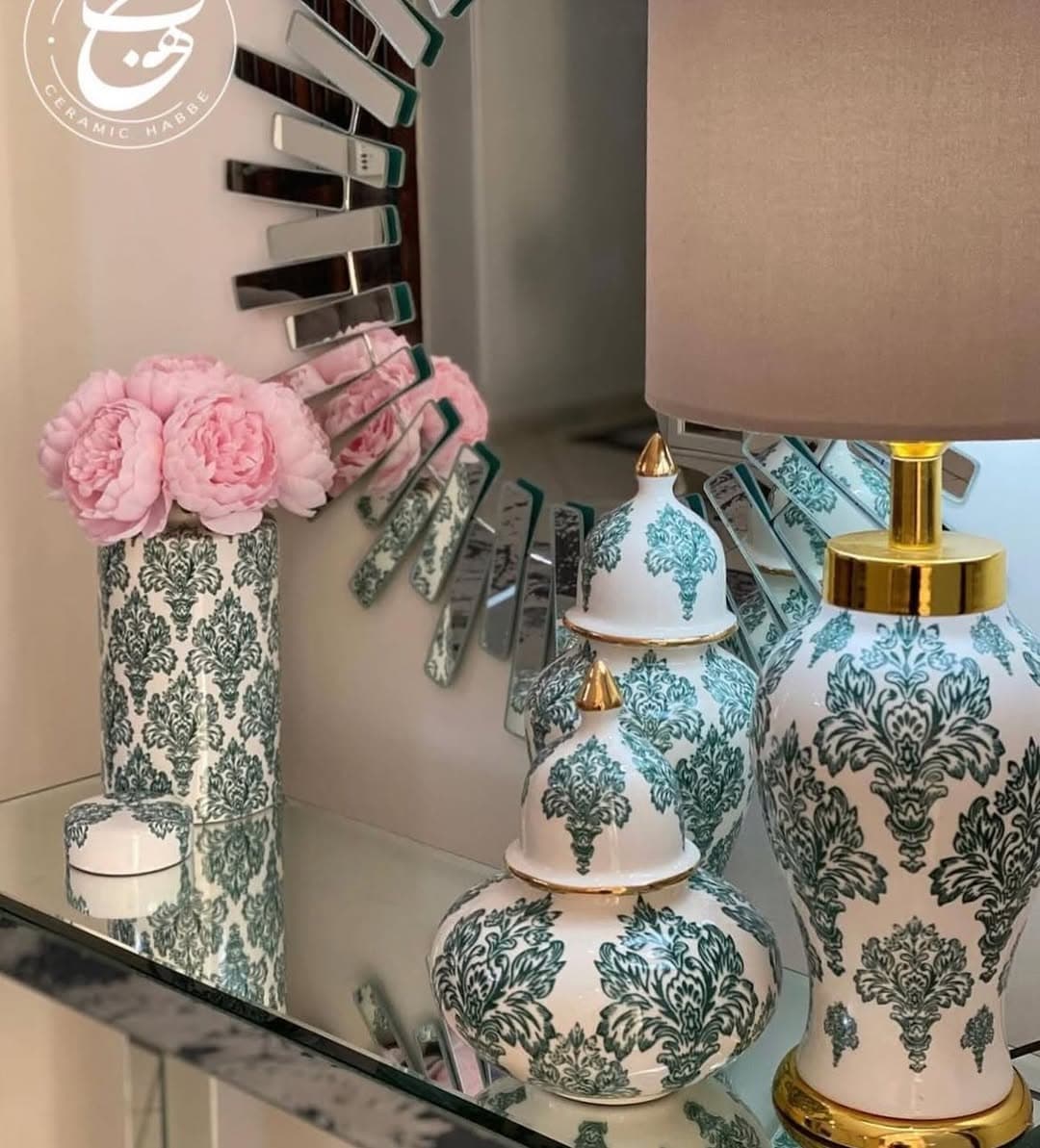 ست دکوری سرامیکی طرح شاه صنم سفید و سبز