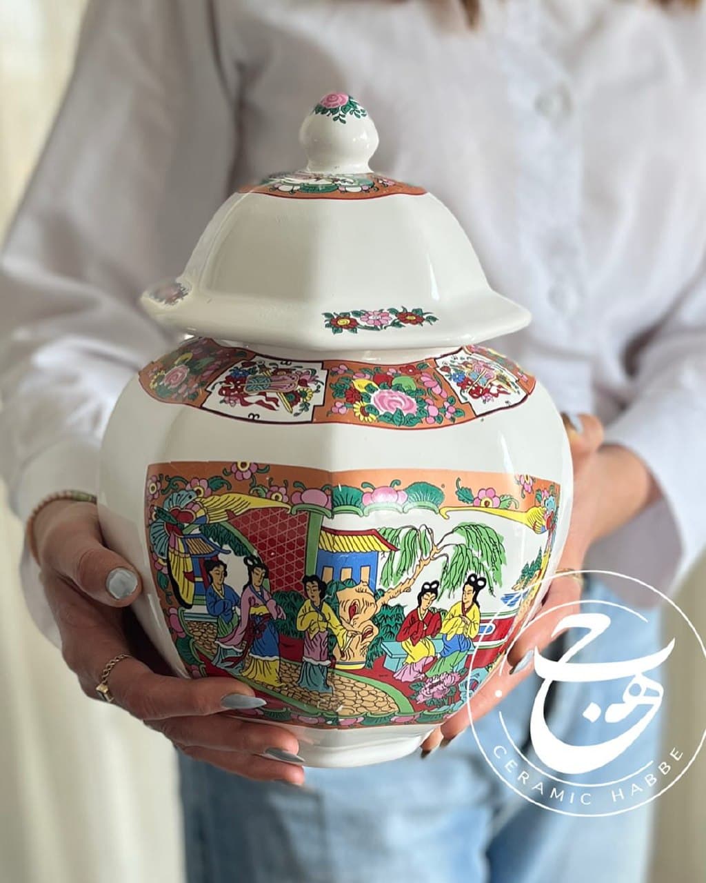 ظرف کندی سرامیکی درب دار طرح مینیاتور شرقی