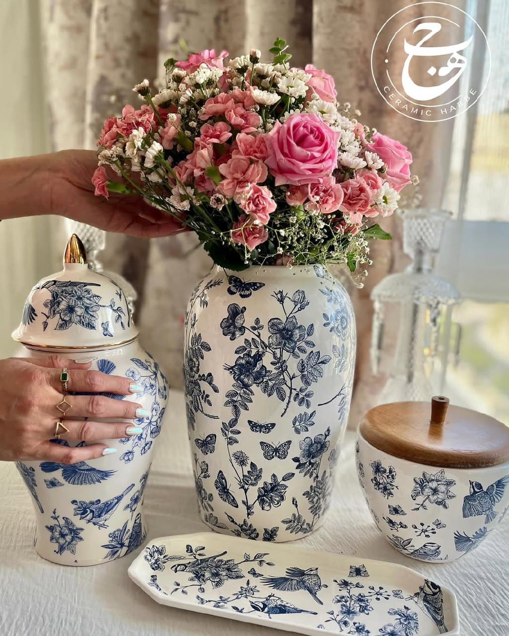 ست دکوری سرامیکی دست ساز طرح پرنده و گل