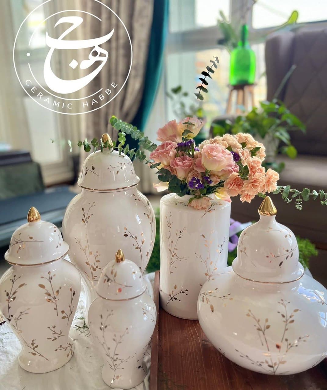 ست جارهای سرامیکی دکوراتیو حبه با طرح شاخه طلایی