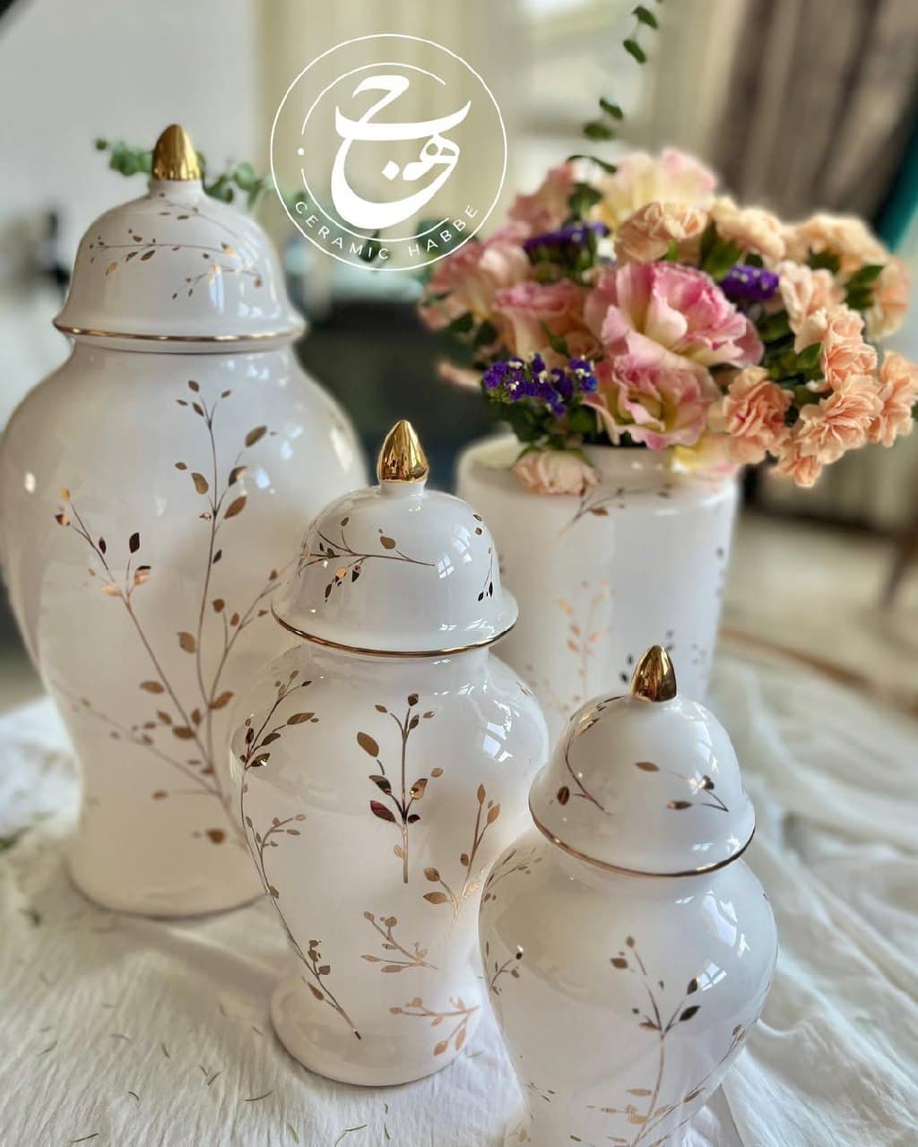 ست گلدان و کندی باکس سرامیکی دست ساز طرح خوشه طلا