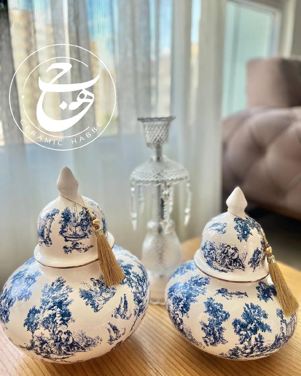کندی جار سرامیکی دکوراتیو طرح کلاسیک آبی و سفید