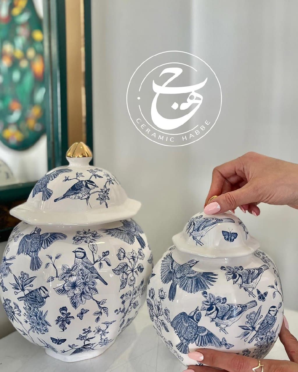 کندی جار سرامیکی چندوجهی طرح پرنده قلم آبی