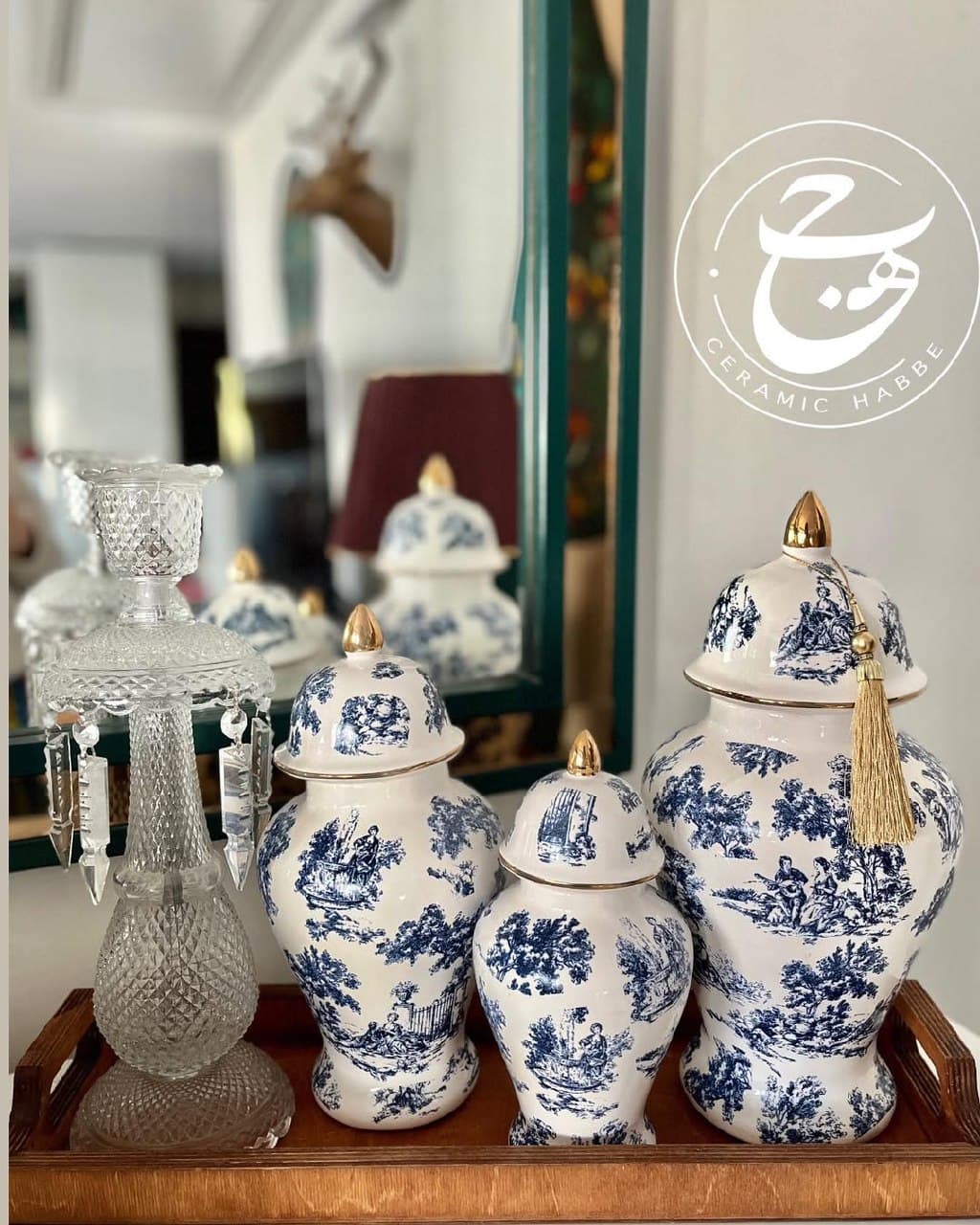 ست گلدان دکوری سرامیکی درب دار (جینجر جار) طرح سنتی آبی و سفید