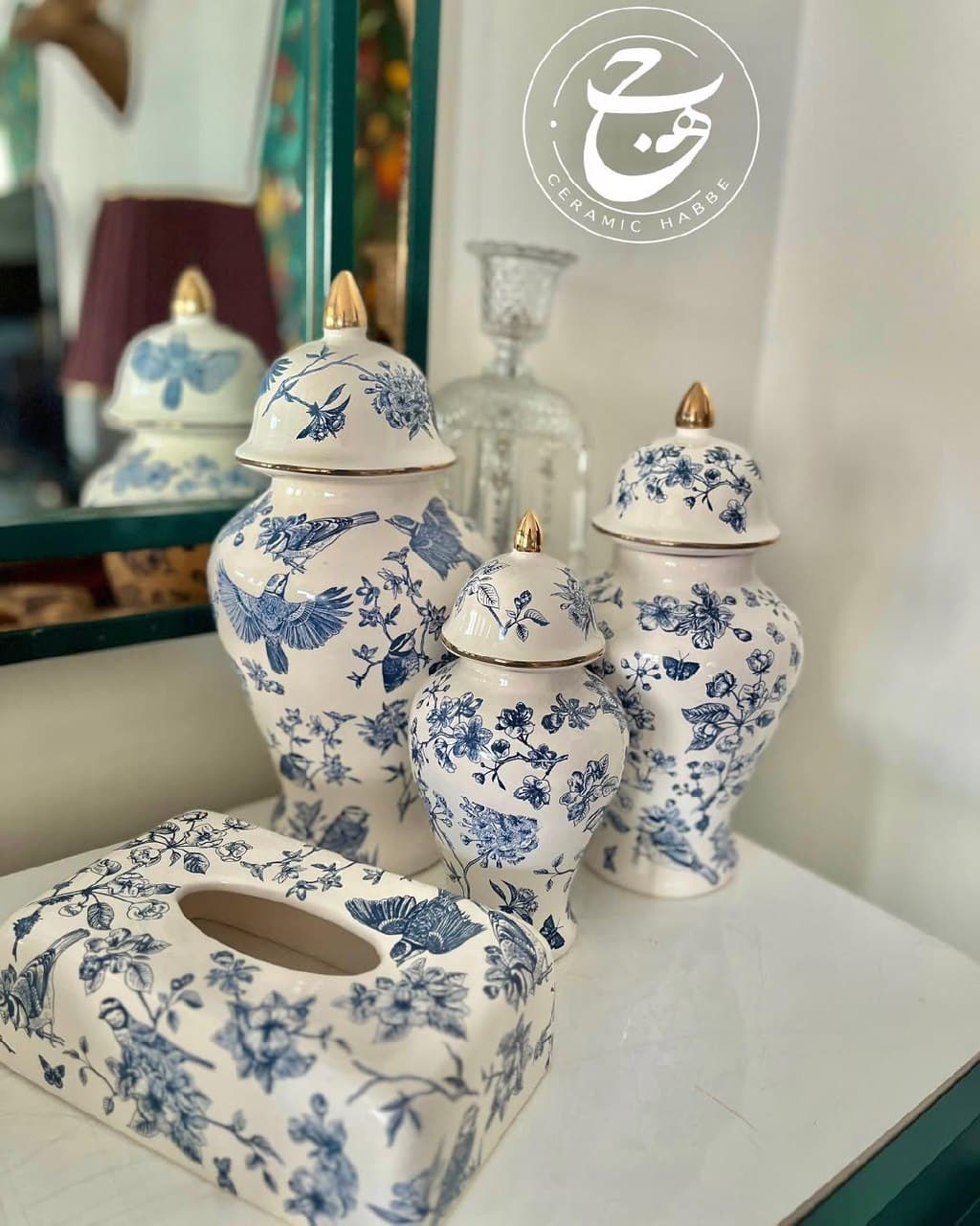 ست دکوری سرامیکی ۴ تکه طرح پرواز آبی و سفید