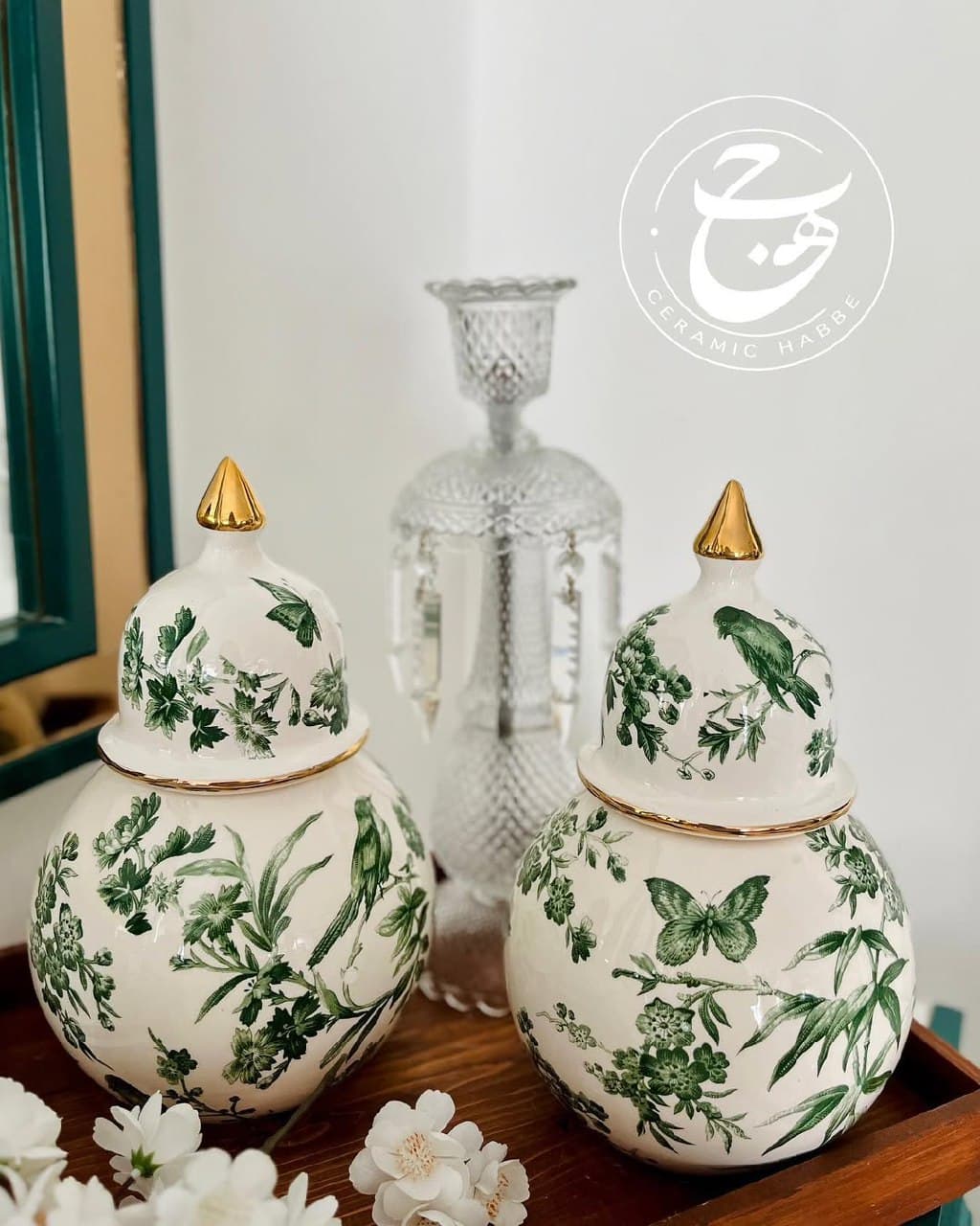 جینجر جار سرامیکی دست ساز طرح پرنده و شاخسار سبز