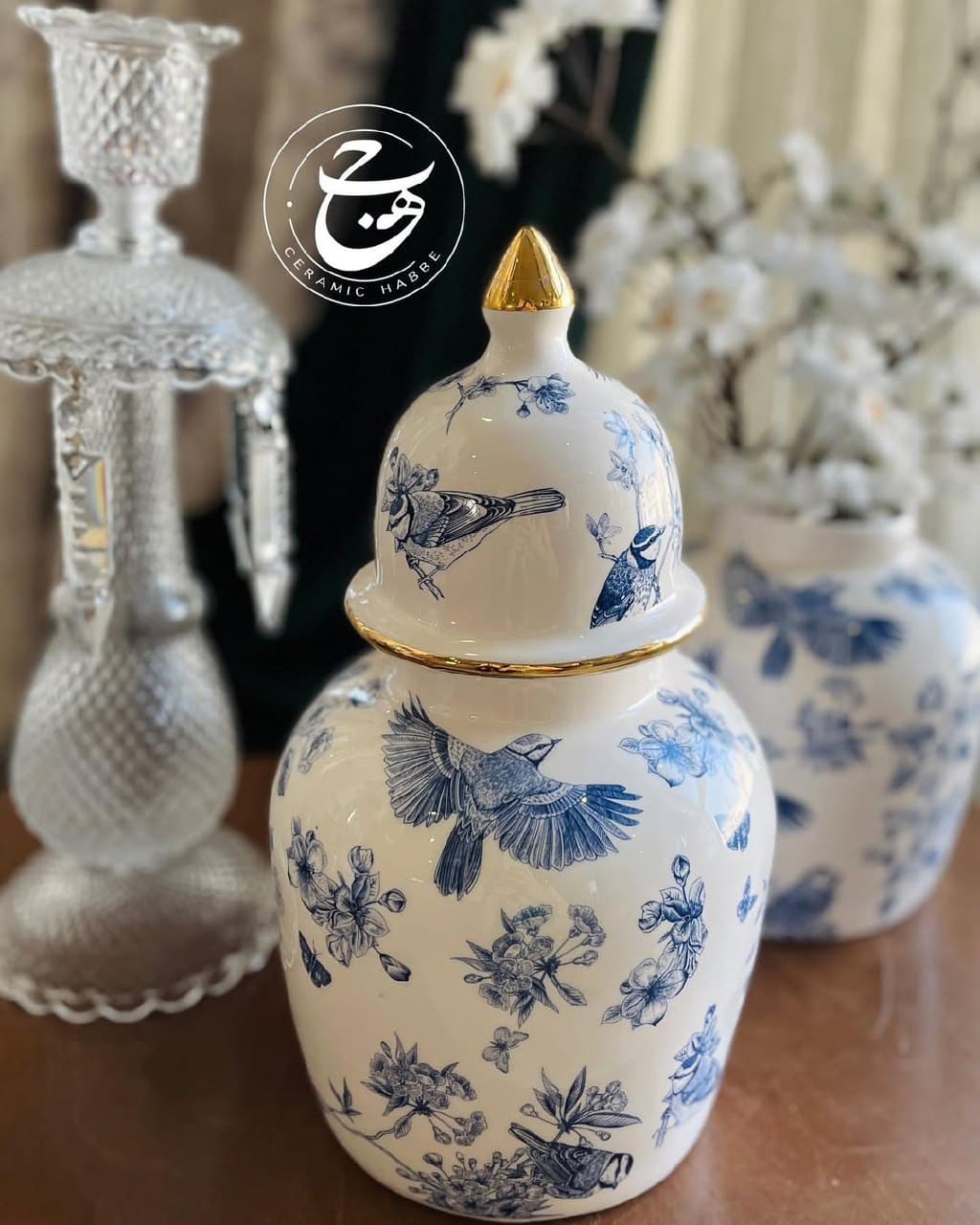 کندی جار سرامیکی دکوراتیو دست ساز طرح پرنده آبی