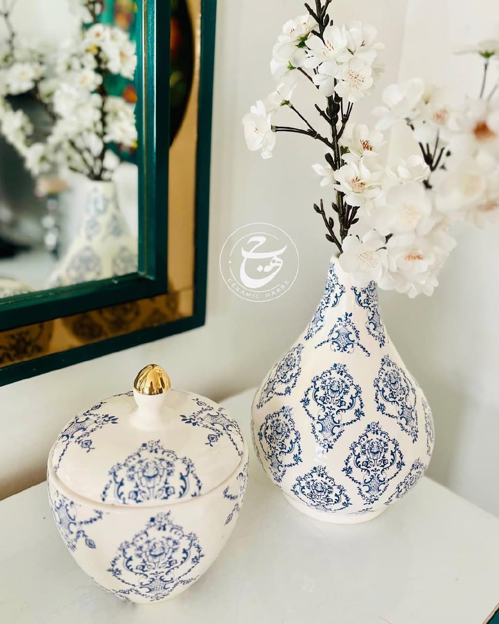 ست گلدان و قندان سرامیکی دست ساز طرح داماس