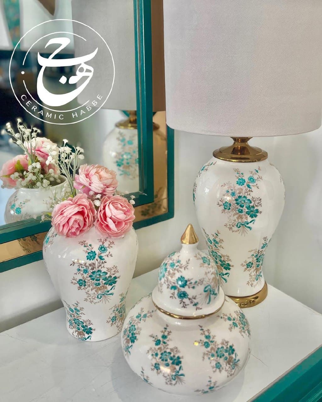 ست دکوری سرامیکی دست ساز طرح فلورال سبز و طلایی