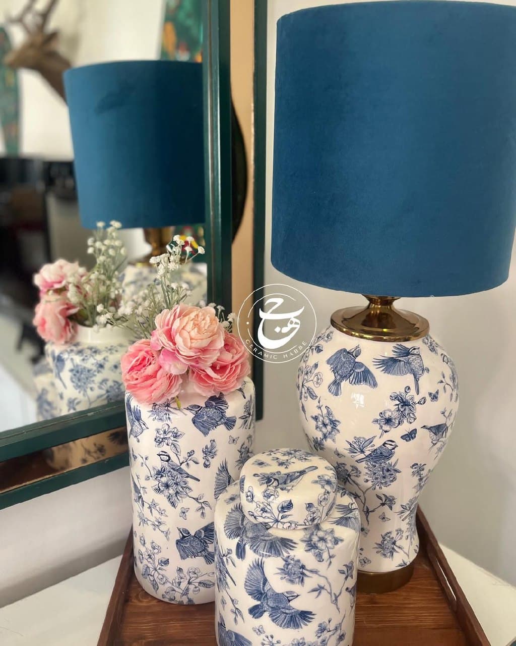 ست دکوری سرامیکی سه تکه طرح پرنده و گل