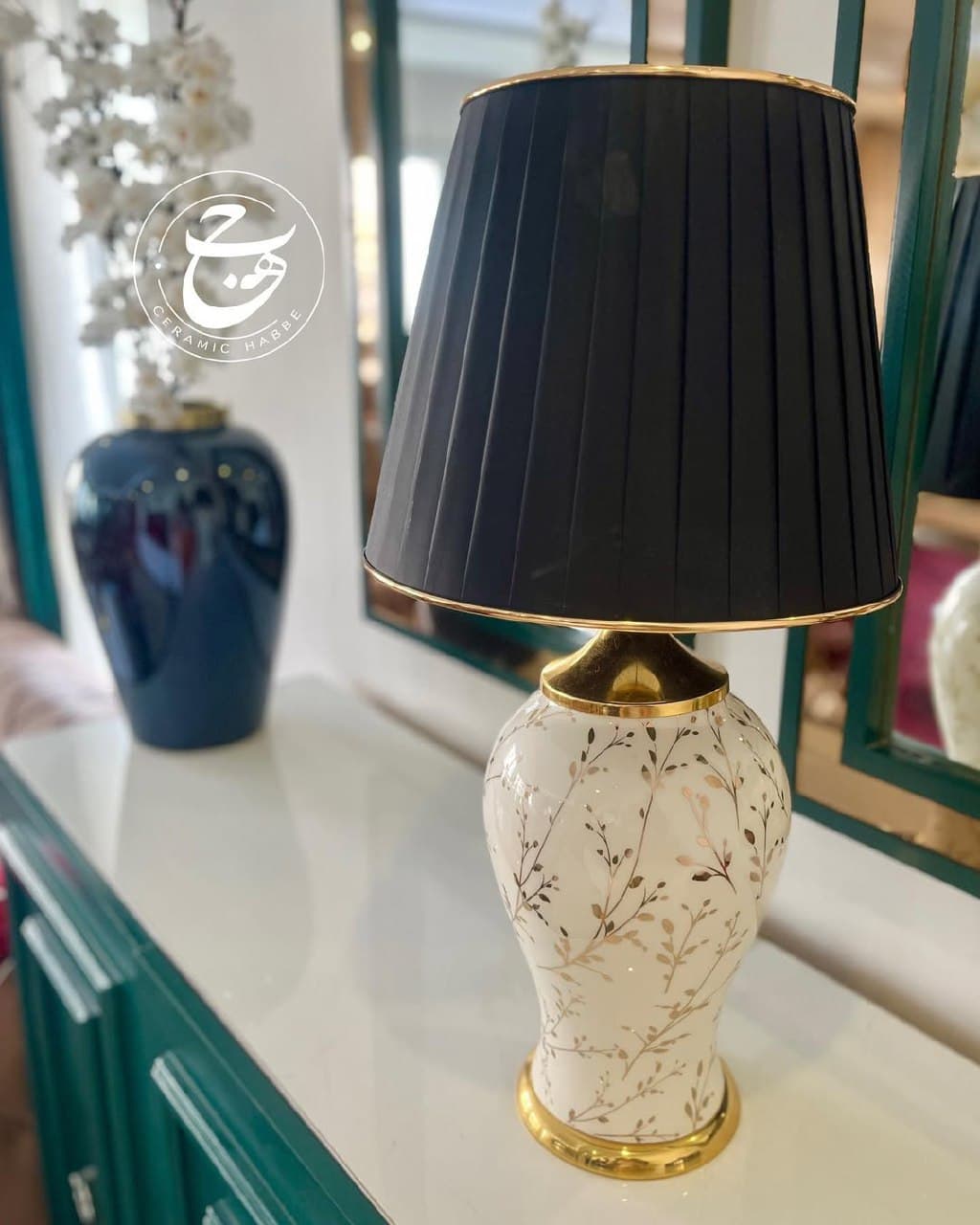 آباژور رومیزی سرامیکی مدل بورقیه طرح خوشه طلا