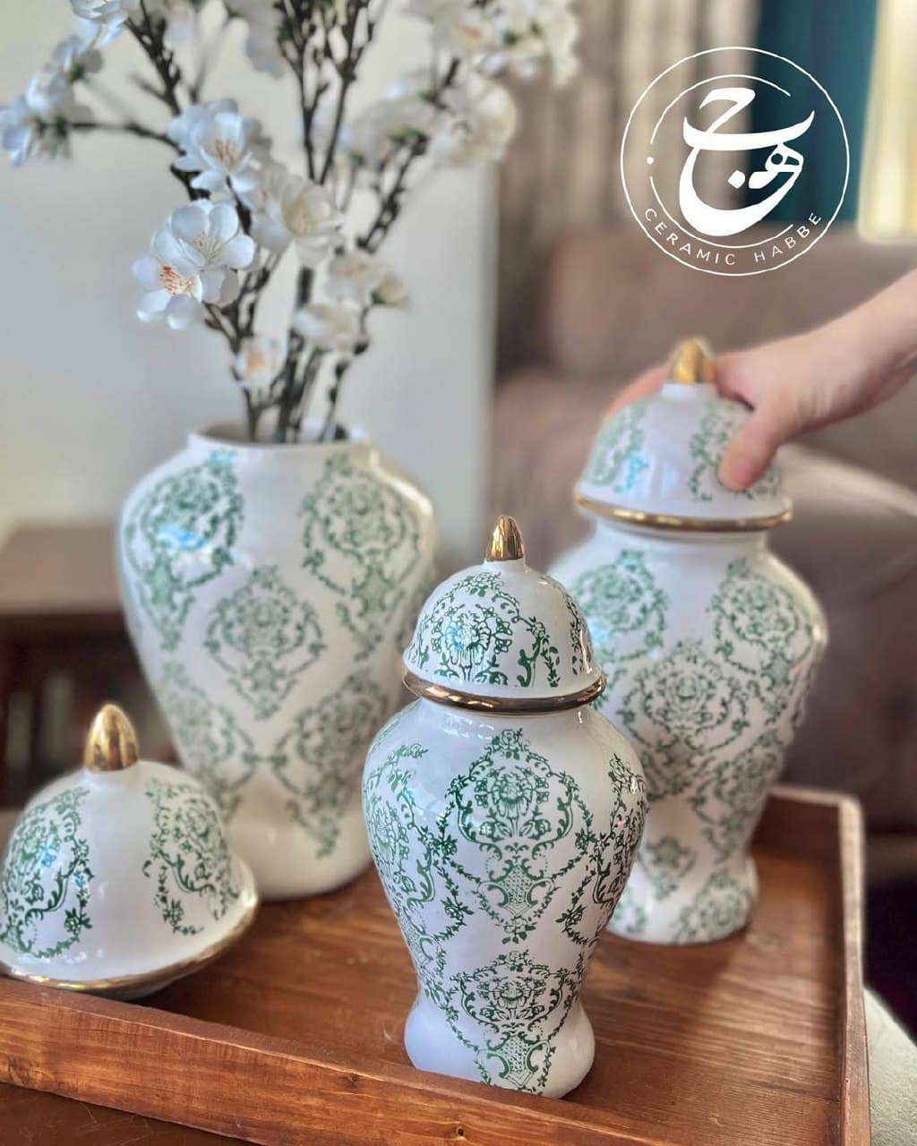 ست گلدان و کندی باکس سرامیکی طرح داماس سبز