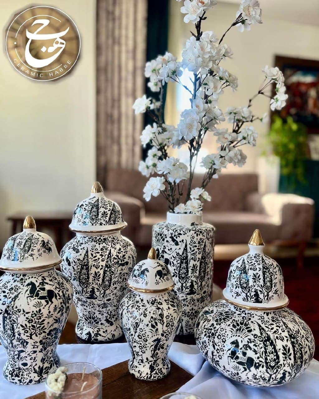 ست گلدان و قندان سرامیکی دکوری طرح شکارگاه