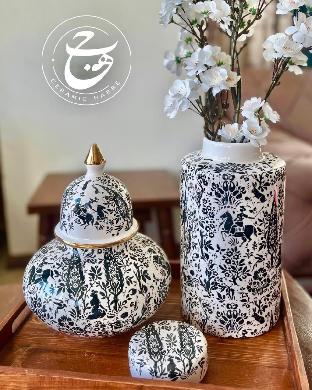 ست دکوری سرامیکی سه تکه طرح شکارگاه