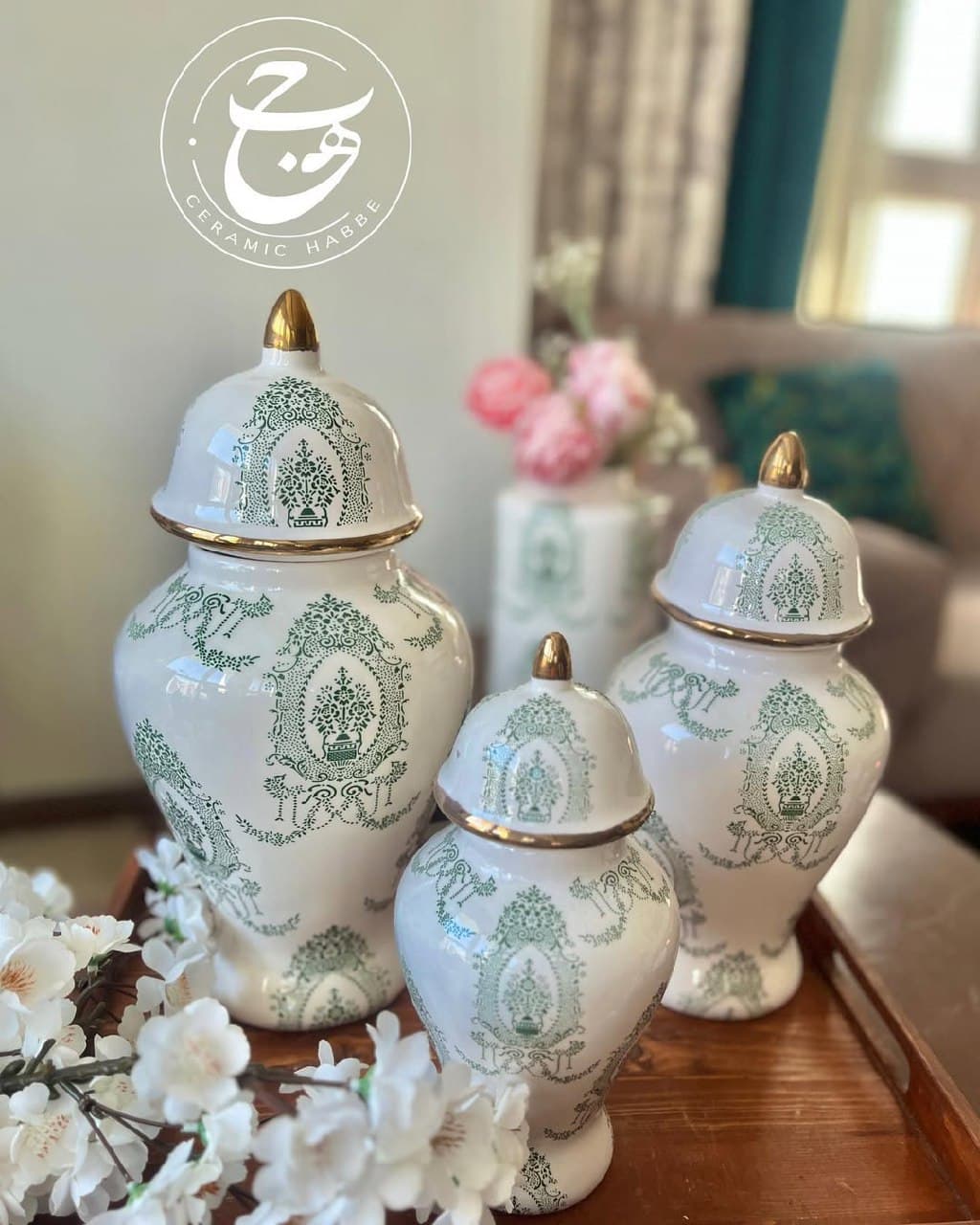 ست سه تایی گلدان دکوری سرامیکی جینجر جار طرح اهنوسه