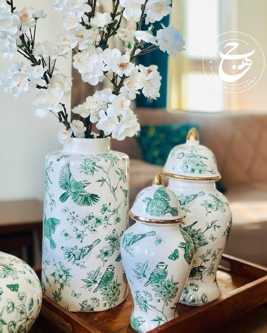 ست دکوری سرامیکی سه تکه طرح پرواز سبز