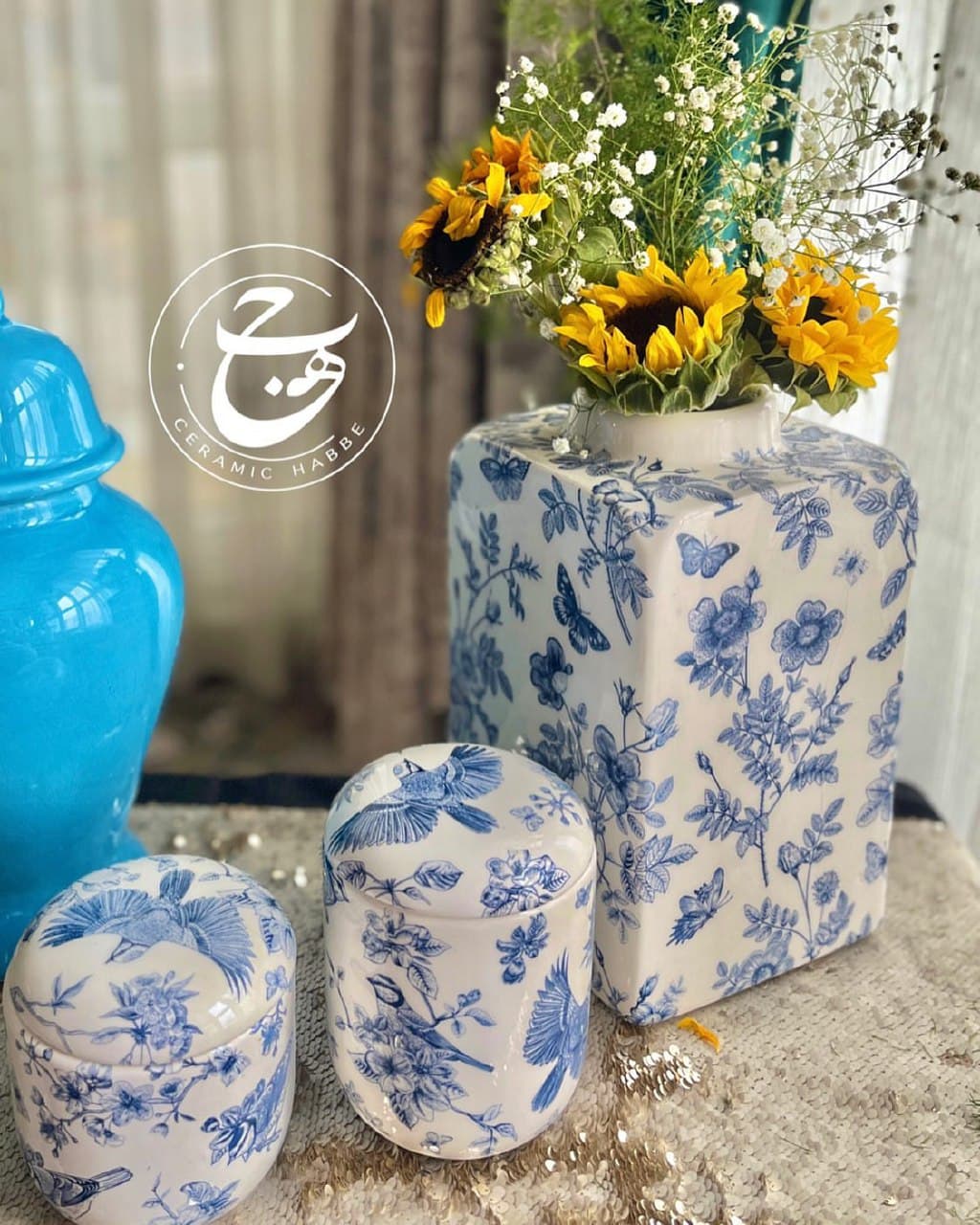 ست گلدان و قندان سرامیکی دست‌ساز طرح پرواز