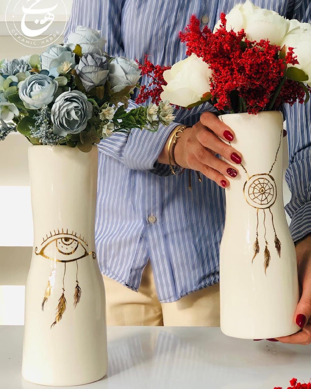 گلدان سرامیکی دکوری حبه طرح چشم نظر و دریم کچر طلاکوب