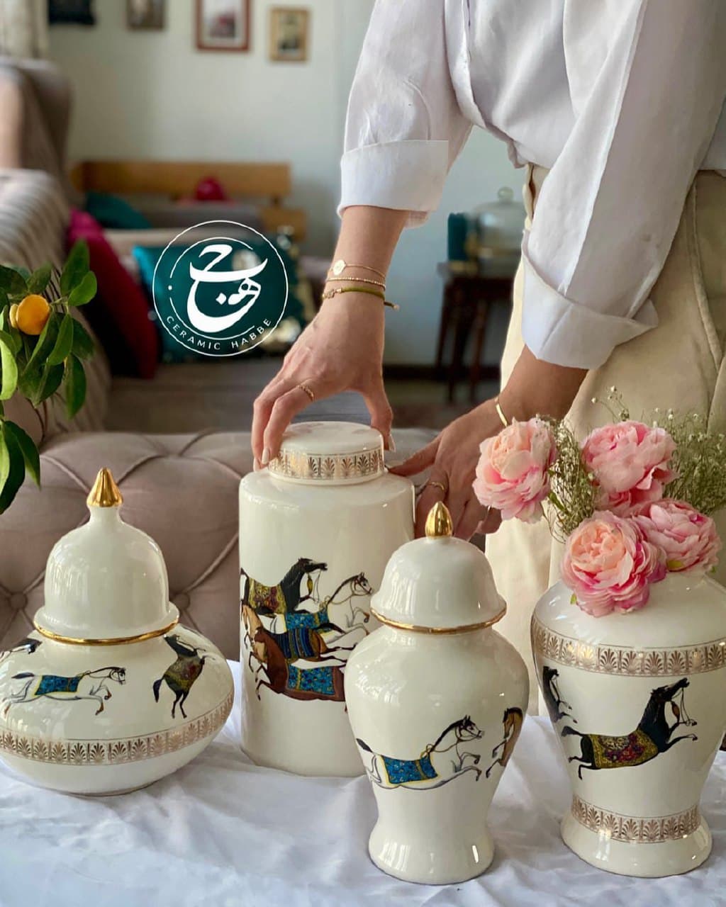 ست گلدان و جینجر جار سرامیکی طرح اسب